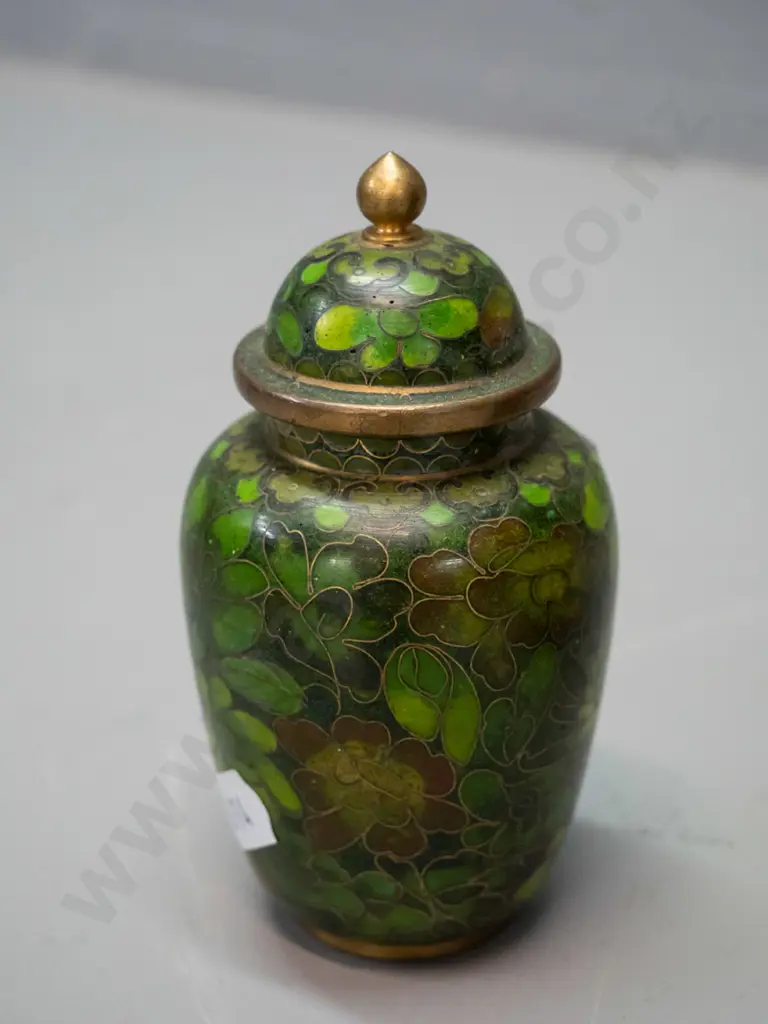 Chinese cloisonne ware - pair of black lidded temple jars on carved timber stands, small vase on stand, and small green Image 1++