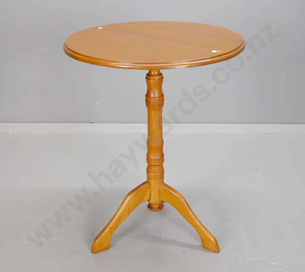 vintage rimu wine table with 3-leg turned stem pedestal base - split top repaired with added support, leg has had repair Image 1++