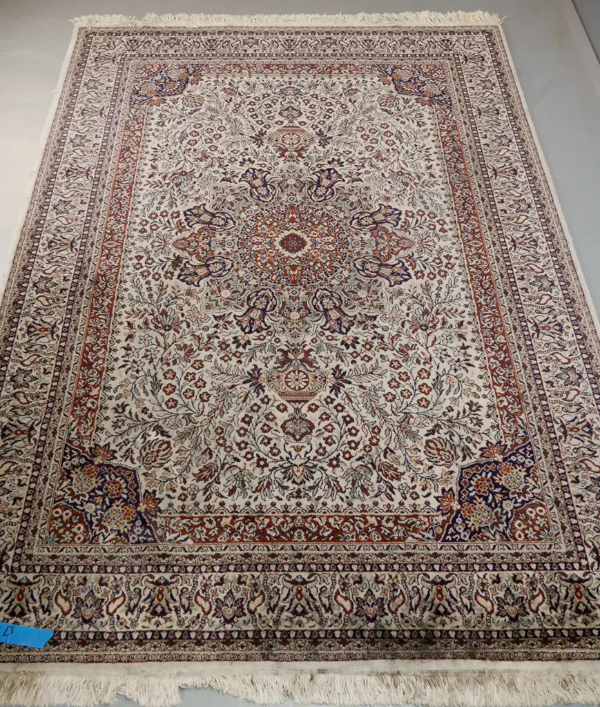 Persian style (Gumussuyu Turkish?) wool floor rug - some staining and discolouration L2460 W1720 Image 1++