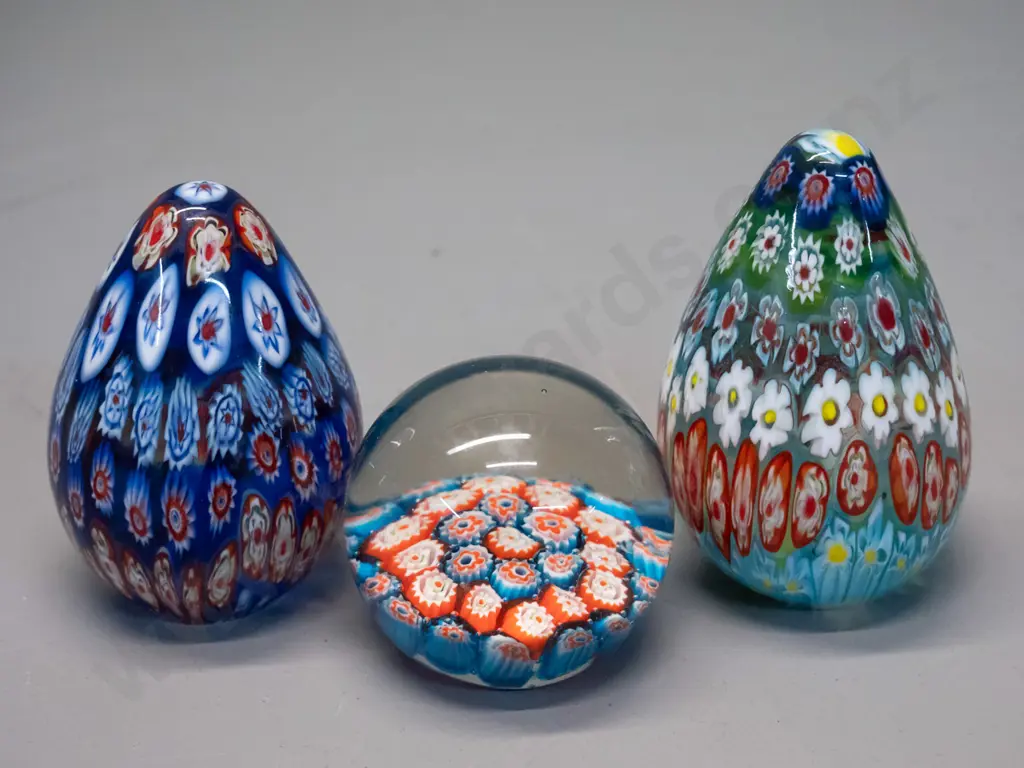 3 art glass millefiore style paperweights - taller is H-95 Image 1++