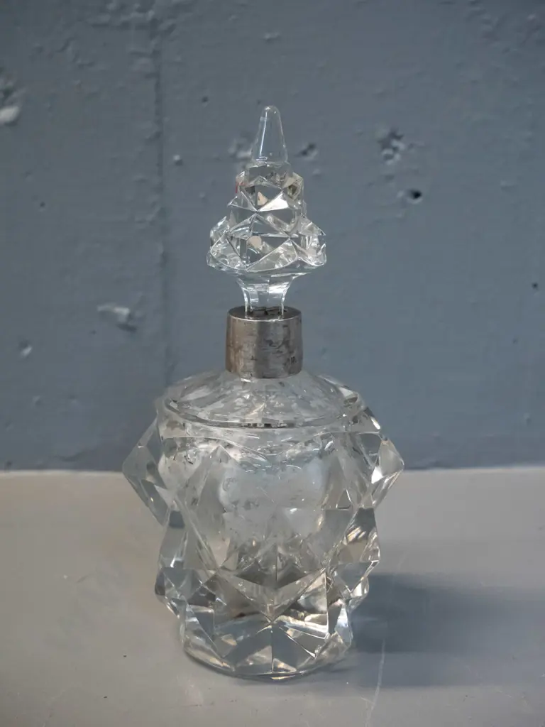 crystal scent bottle with sterling silver collar - damage to base of stopper, small chips to bottle H-180 D-85 Image 1++