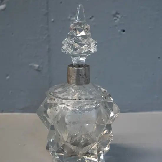 crystal scent bottle with sterling silver collar - damage to base of stopper, small chips to bottle H-180 D-85