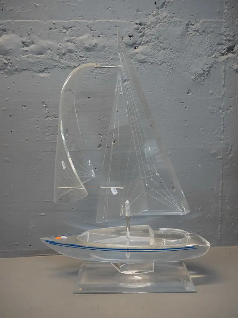 perspex model yacht with chrome hardware, etched sail detailing H590 L-410 - some scratching Image 1++