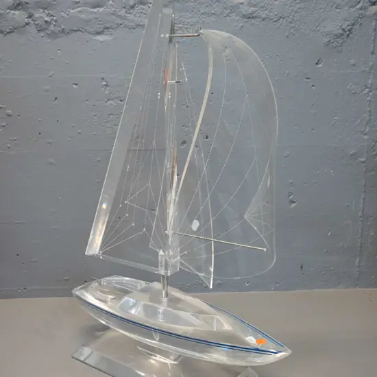 perspex model yacht with chrome hardware, etched sail detailing H590 L-410 - some scratching