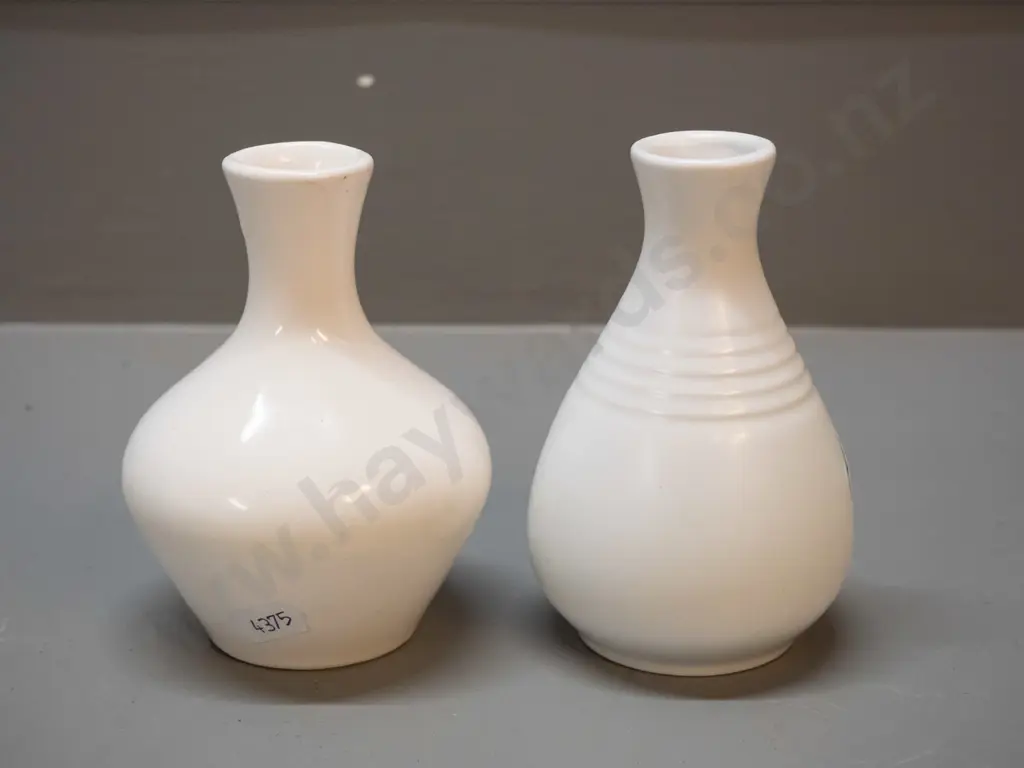 2 small white glaze (Titian Studio) vases - ridged style marked .508.  and other with .507. - both approx H-110 Image 1++