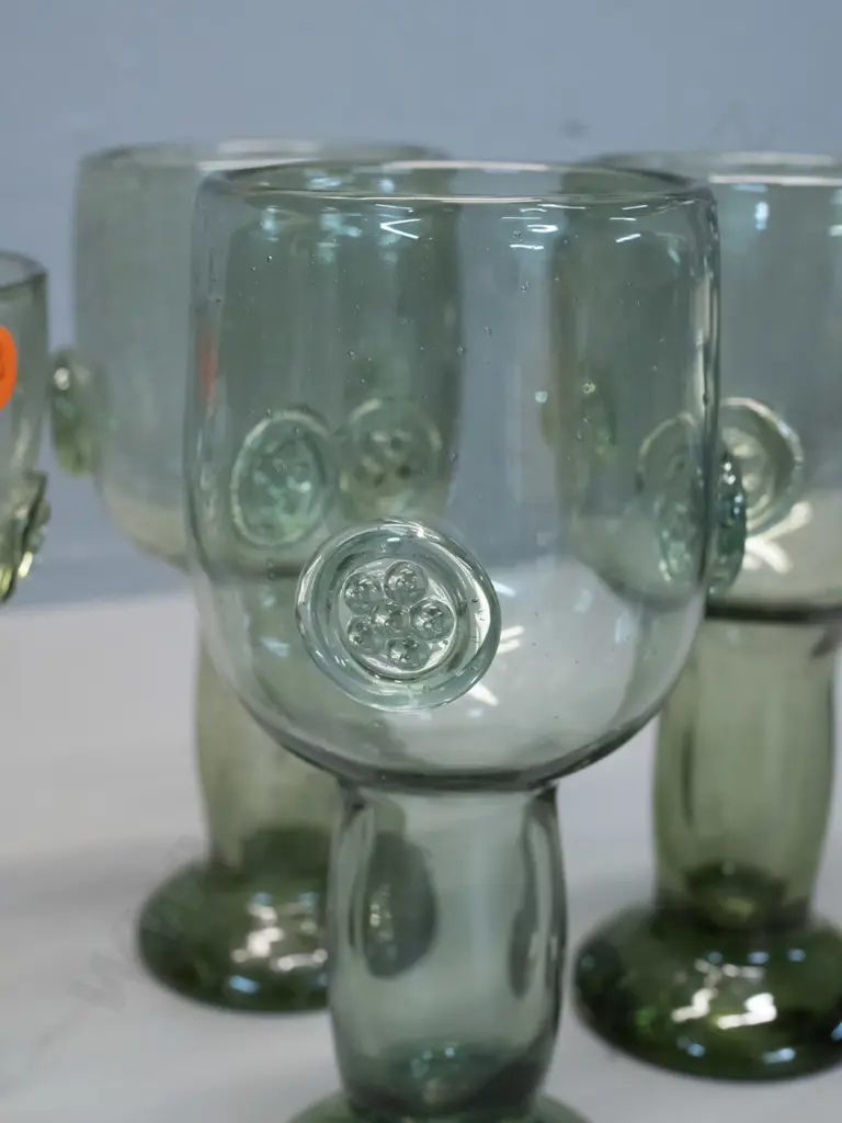 rustic hollow stem green glass items with applique lozenge motifs - comport bowl H-170 D-140 and 6 goblets Image 1++