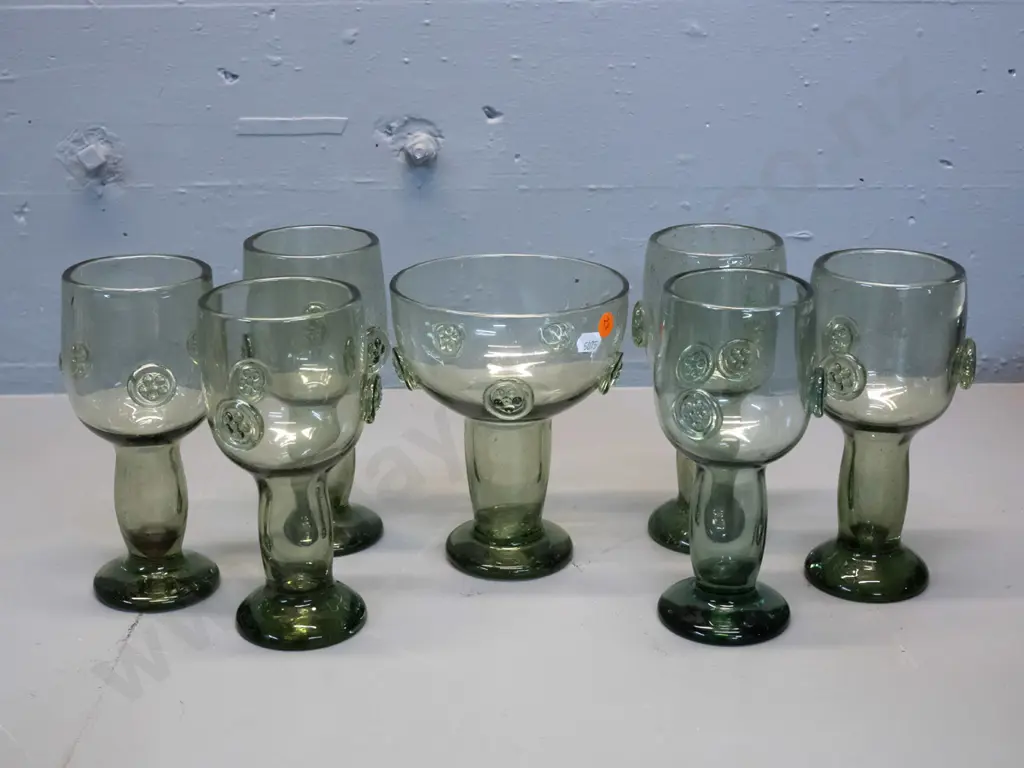 rustic hollow stem green glass items with applique lozenge motifs - comport bowl H-170 D-140 and 6 goblets Image 1++
