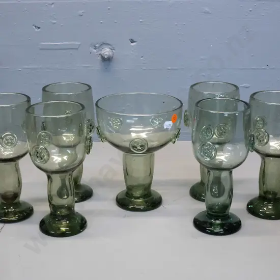 rustic hollow stem green glass items with applique lozenge motifs - comport bowl H-170 D-140 and 6 goblets