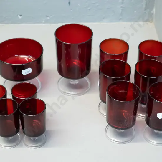 ruby glass clear stemmed items - 6 sherry H-90, 4 liqueur, large wine glass and a small comport