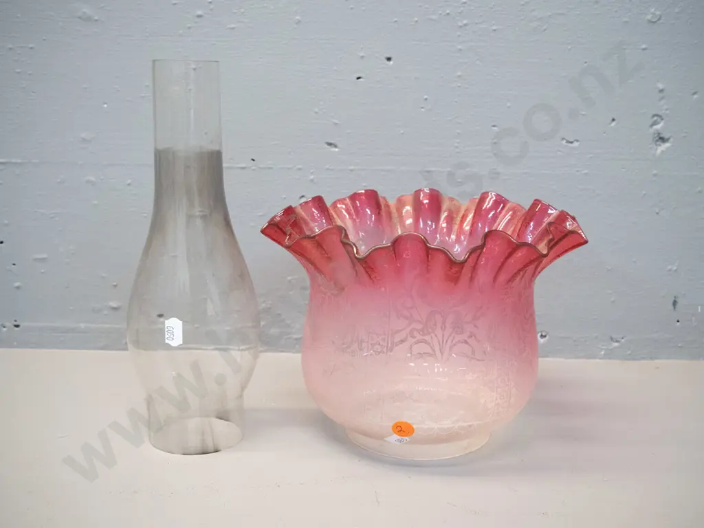 vintage kerosene lamp shade - etched cranberry and clear  H-160 D-210 with a clear chimney Image 1++