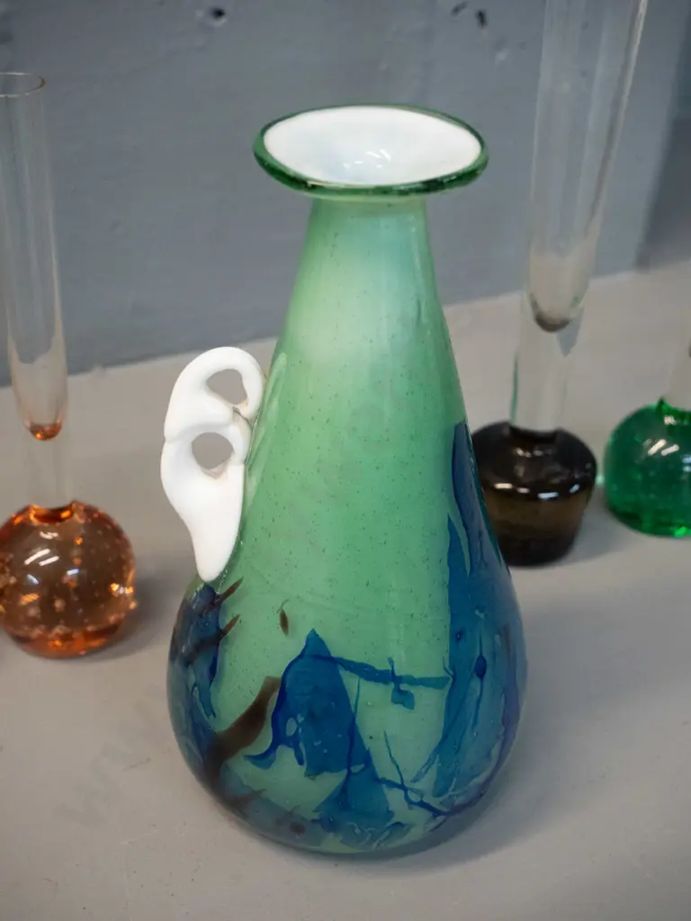 hand-blown art glass handled vase and 4 coloured glass bubble base bud vases - tallest is H-210 Image 1++