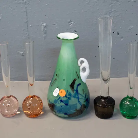 hand-blown art glass handled vase and 4 coloured glass bubble base bud vases - tallest is H-210