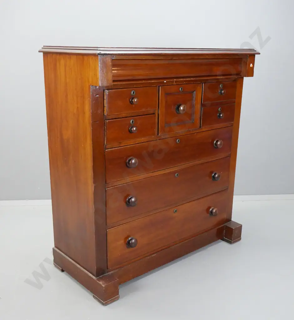 colonial kauri and cedar 7-drawer Scotch chest with shaped top drawer, turned timber knobs, brass escutcheons, no key - Image 1++