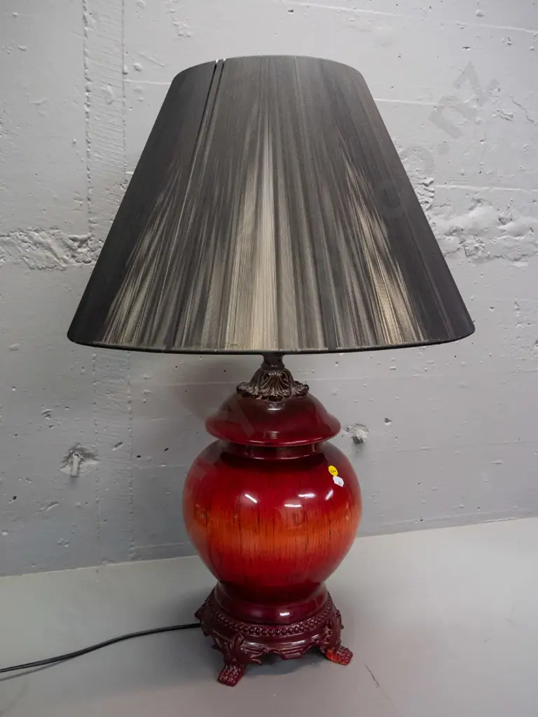 Asian style table lamp - porcelain with composite faux timber base, w/ metallic thread shade H-730 Shade D-500 Image 1++