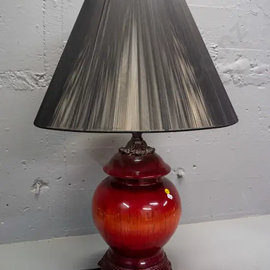 Asian style table lamp - porcelain with composite faux timber base, w/ metallic thread shade H-730 Shade D-500