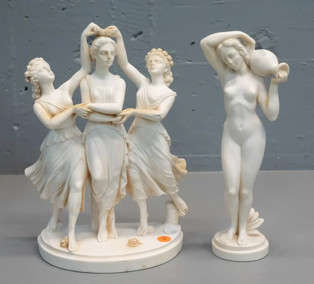 2 Italian classical style composite figurines - group of 3 women marked G. Ruggeri H-240, other marked G.R. Image 1++