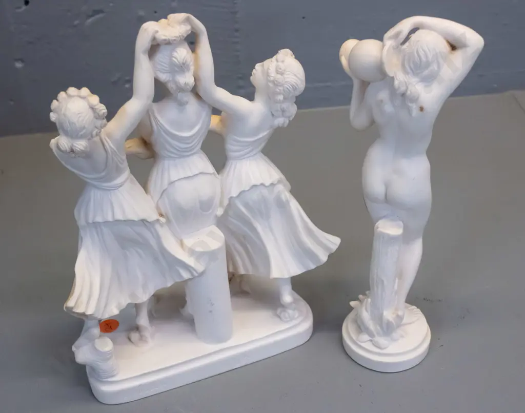 2 Italian classical style composite figurines - group of 3 women marked G. Ruggeri H-240, other marked G.R. Image 1++