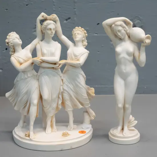 2 Italian classical style composite figurines - group of 3 women marked G. Ruggeri H-240, other marked G.R.