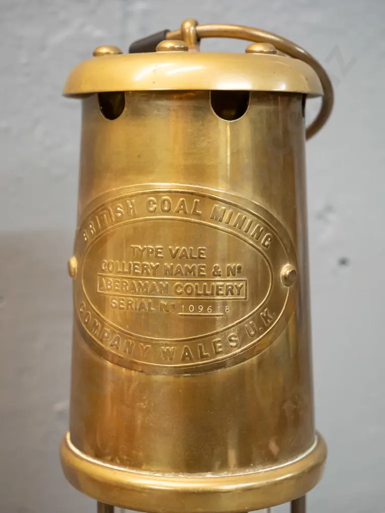 reproduction brass miner's lamp - marked British Coal Mining Co. Wales H-210 Image 1++