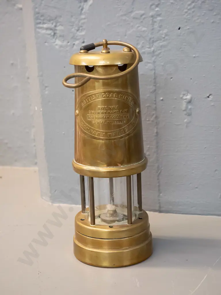reproduction brass miner's lamp - marked British Coal Mining Co. Wales H-210 Image 1++