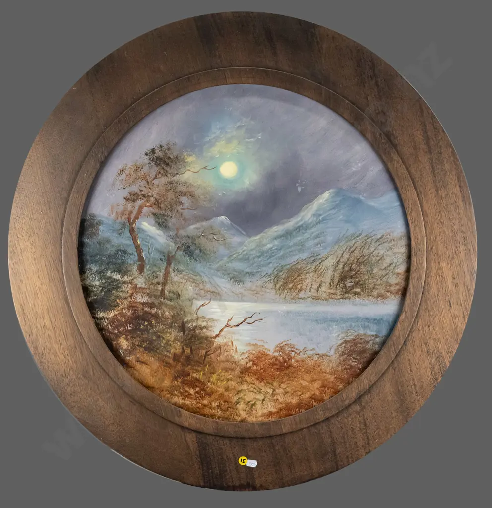 circular oak framed oil - moonlit lake  Overall Diam - 750 Image 1++