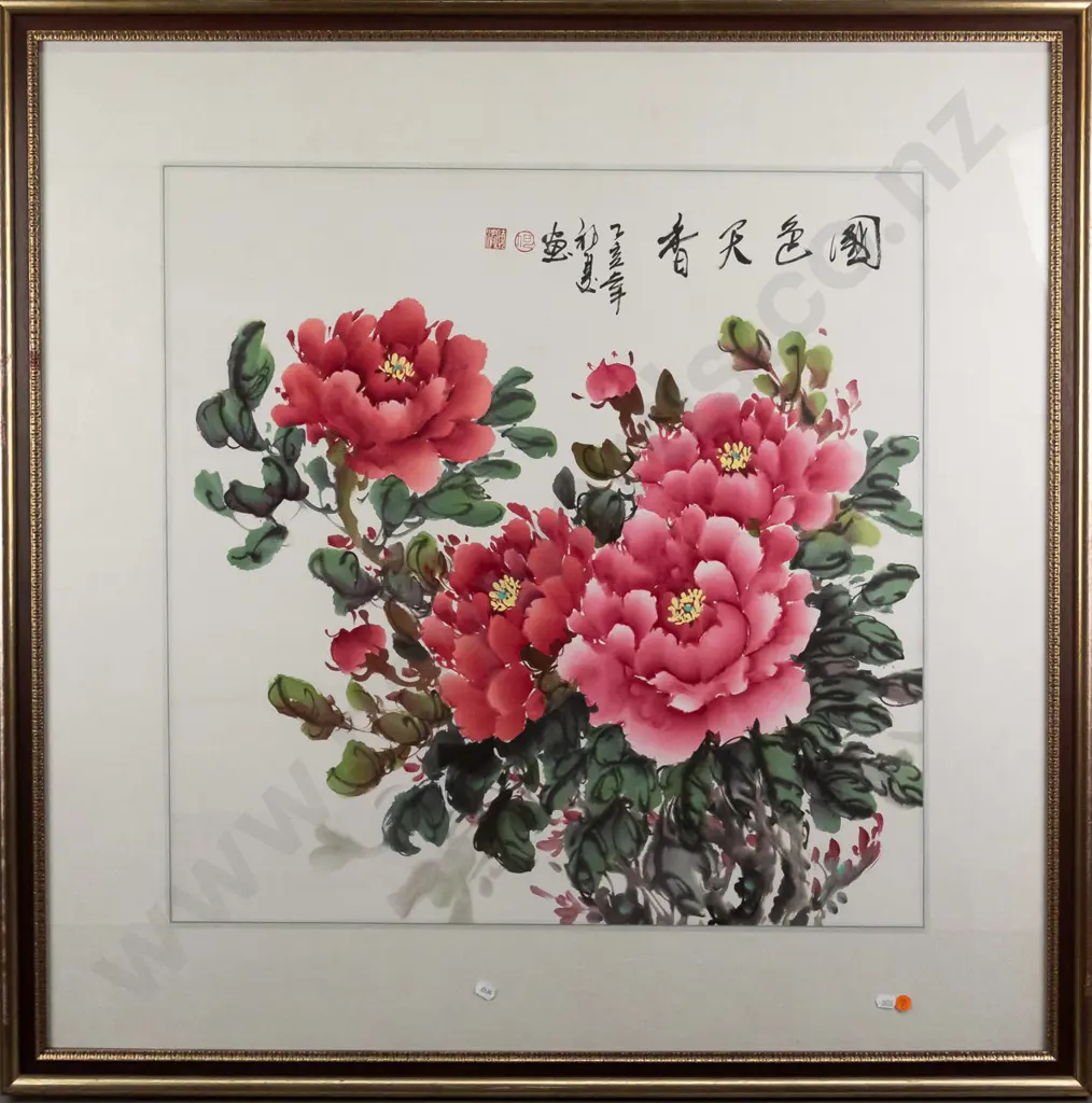 framed Asian watercolour - peonies H-660 W-660 Image 1++