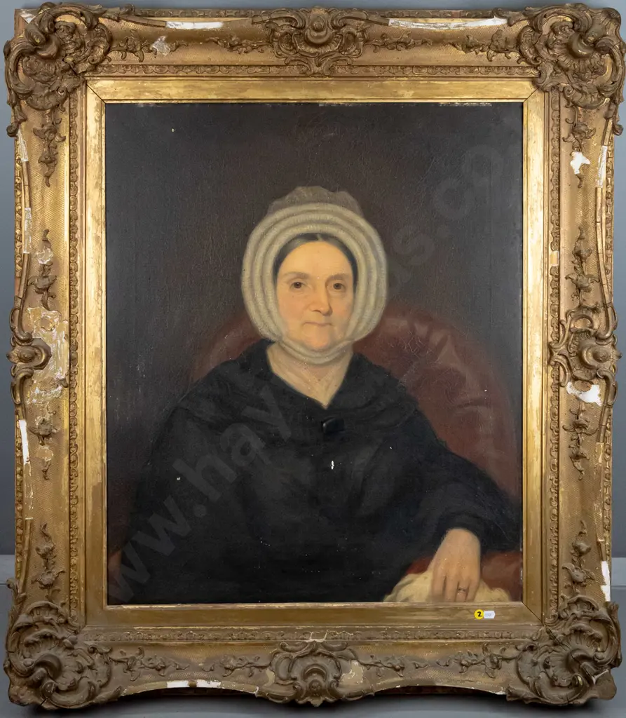 large gilt framed unsigned oil on canvas - female portrait (damage to frame and aging to painting) H-770 W-600 Image 1++