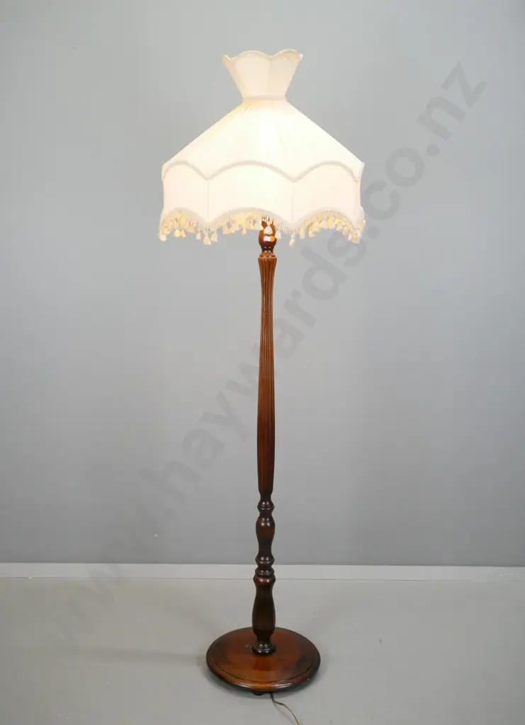 mahogany standard lamp with turned and fluted column & round base on 3 bun feet with waisted fringed shade H-1680 Image 1++
