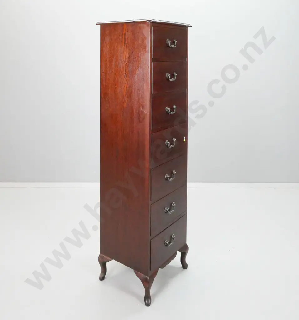reproduction mahogany veneer 7-drawer tallboy on short cab legs, with swan neck drop handles H-1510 W-445 D-395 Image 1++