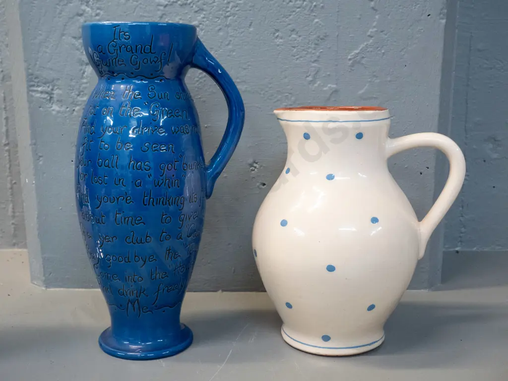 2 Torquay ware jugs - taller handled blue one marked Dunstable H-300 Image 1++