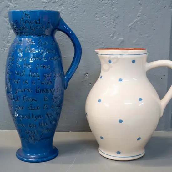 2 Torquay ware jugs - taller handled blue one marked Dunstable H-300
