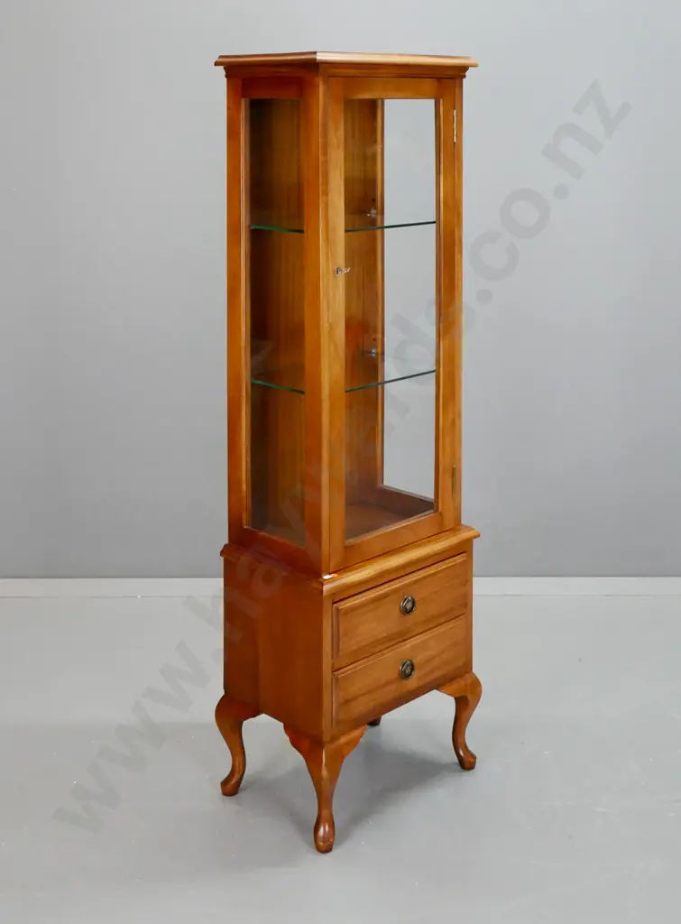 reproduction cab leg mahogany display cabinet with glazed sides, 2 lower drawers with ring drop handles, 2 adjustable Image 1++