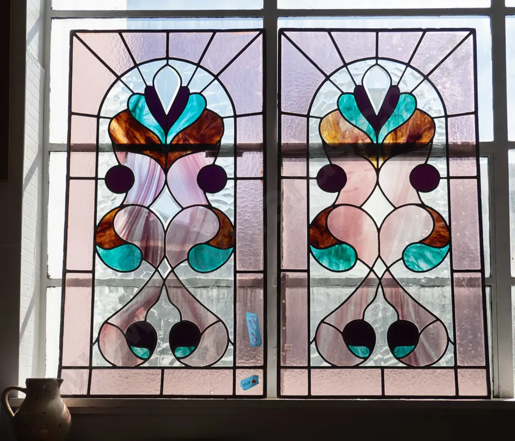 pair of Edwardian stained glass panels - one panel in perfect condition, the other panel has crack to clear mottled Image 1++