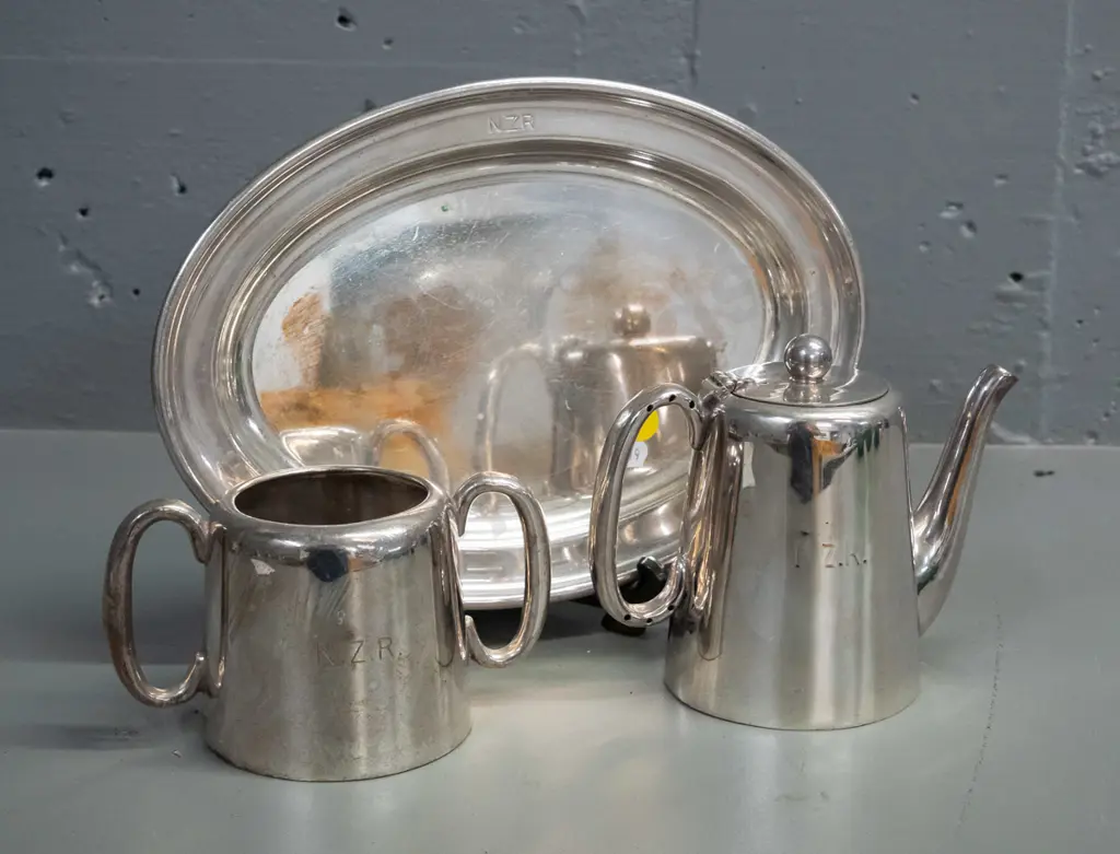 silver plated serving ware with impressed NZR lettering - lidded jug, sugar bowl and serving tray L-260 W-190 Image 1++