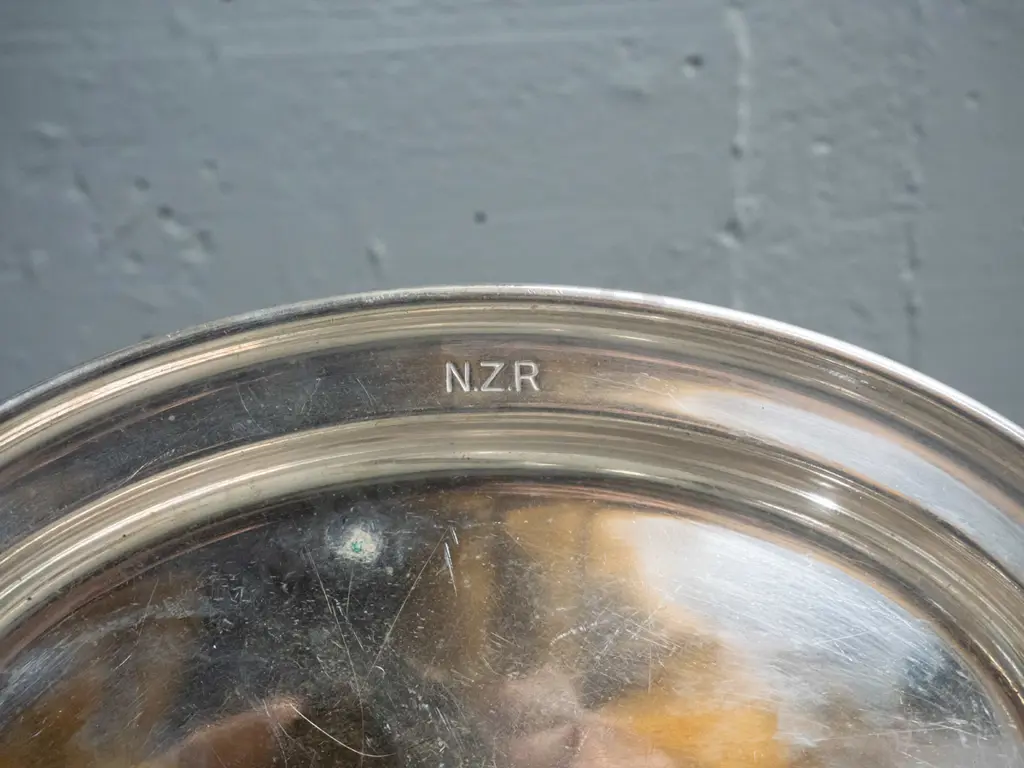 silver plated serving ware with impressed NZR lettering - lidded jug, sugar bowl and serving tray L-260 W-190 Image 1++