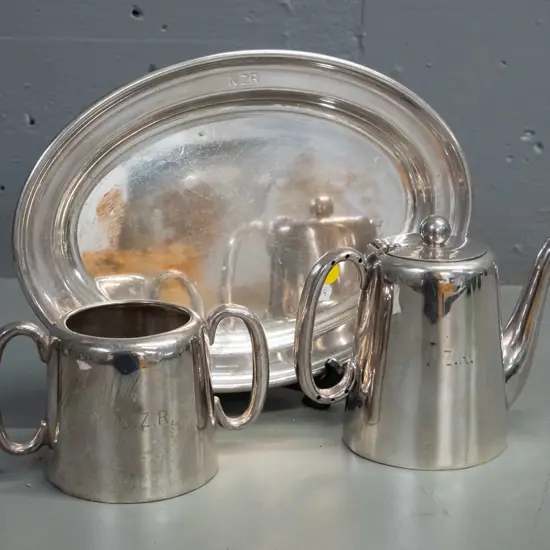 silver plated serving ware with impressed NZR lettering - lidded jug, sugar bowl and serving tray L-260 W-190