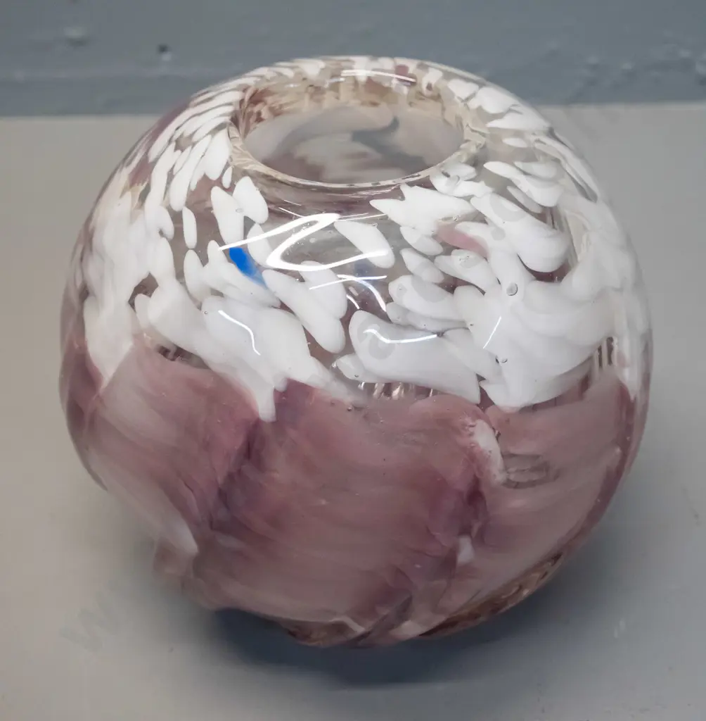 art glass vase - mottled/swirled cranberry and white pattern over clear H-150 D-160 Image 1++
