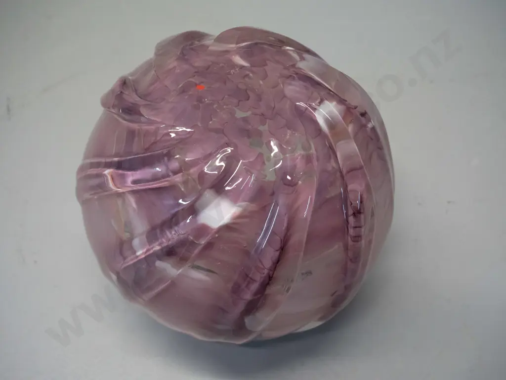 art glass vase - mottled/swirled cranberry and white pattern over clear H-150 D-160 Image 1++