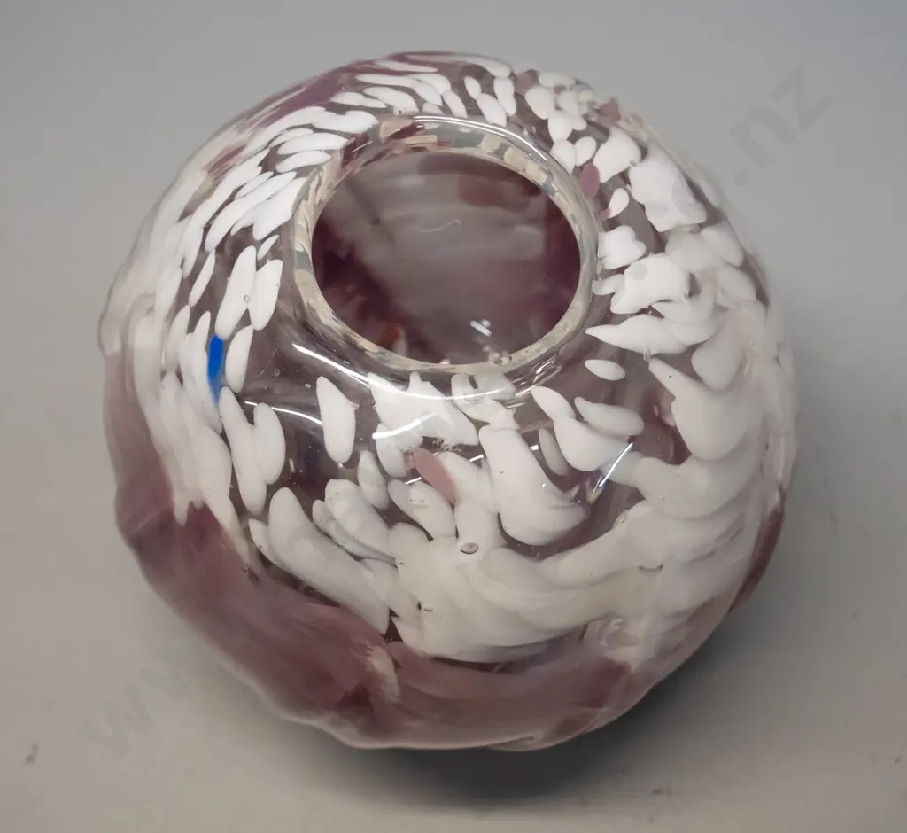 art glass vase - mottled/swirled cranberry and white pattern over clear H-150 D-160 Image 1++