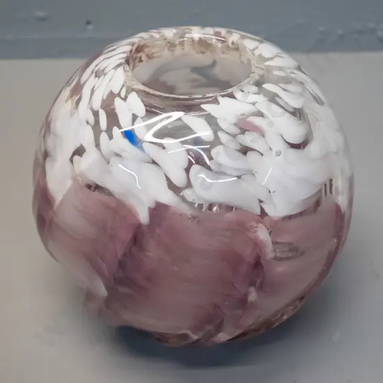 art glass vase - mottled/swirled cranberry and white pattern over clear H-150 D-160