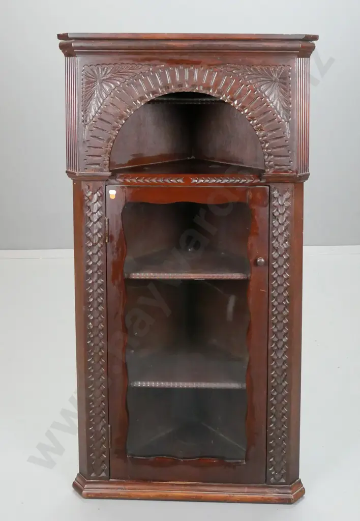 vintage carved cedar corner cupboard with chip-carved decoration, shaped top and glazed door, 2 fixed shelves - some Image 1++