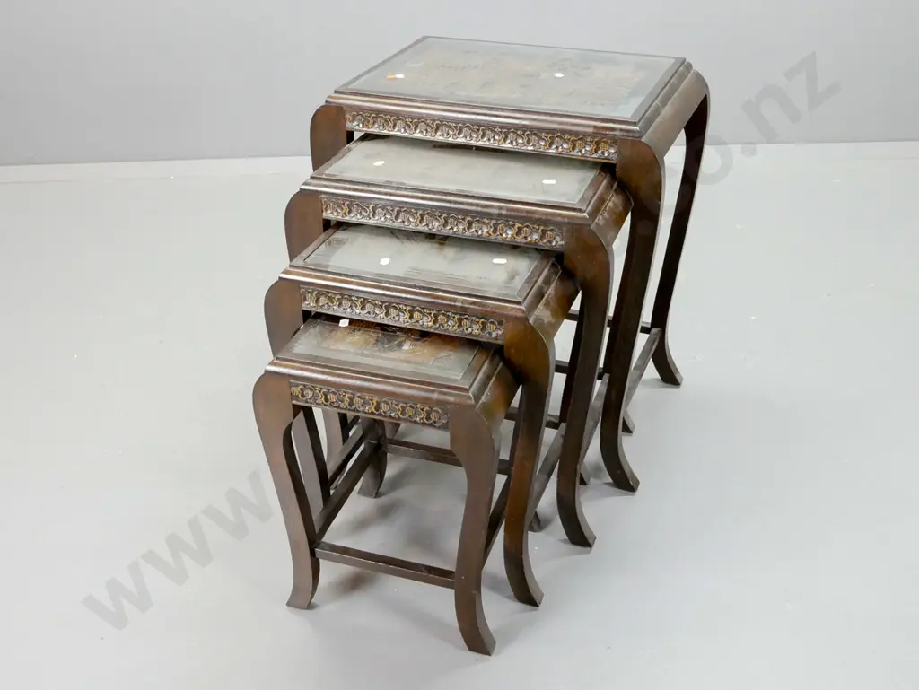 set of 4 Asian mixed timber nesting tables with inset carved tops under glass inserts - 2 have splits through joins on, Image 1++