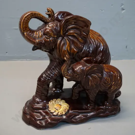 Majolica style elephant figurine - mother and calf with sunflower, no maker's mark. H-250 L-240
