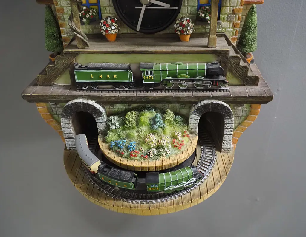 Bradford Editions Flying Scotsman themed composite cased wall clock with battery powered movement, display pendulum and Image 1++