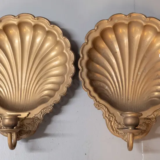 pair of pressed brass shell shaped single-candle wall sconces H-290 W-220