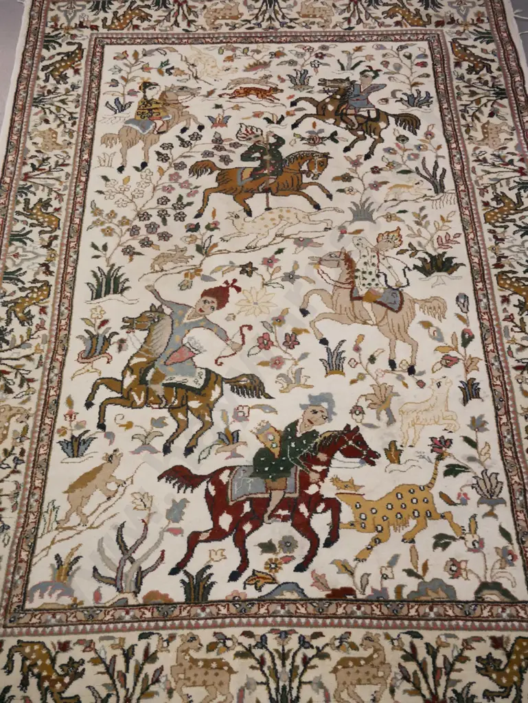 Persian style wool figural design with animal, horse & rider hunting motifs on ivory background - minor staining. Has Image 1++