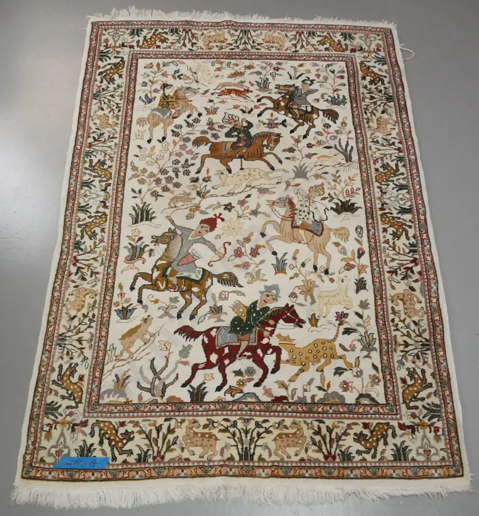 Persian style wool figural design with animal, horse & rider hunting motifs on ivory background - minor staining. Has Image 1++