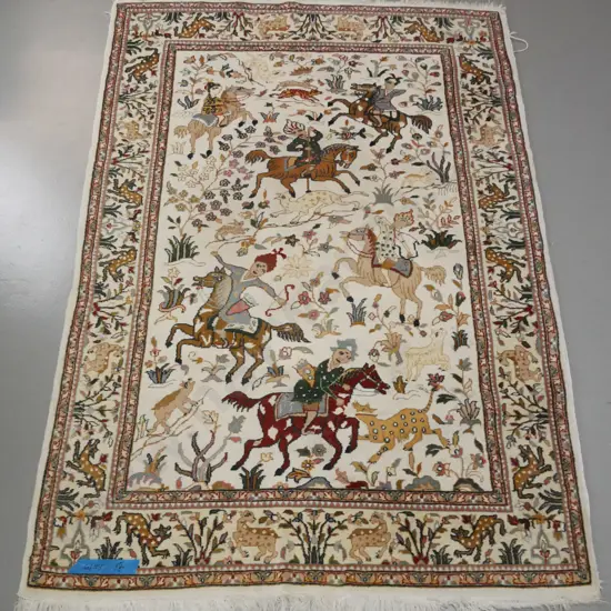 Persian style wool figural design with animal, horse & rider hunting motifs on ivory background - minor staining. Has