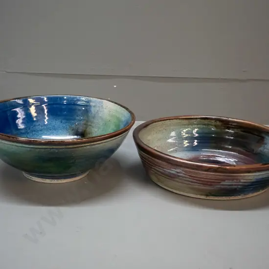 2 New Zealand pottery bowls in multi colour glaze - unknown maker's mark to bottoms. Taller bowl H100 D260