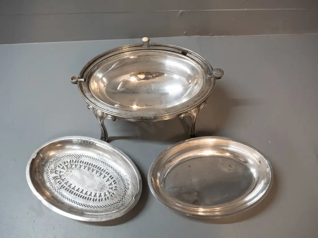 silver plated serving / warming dish with rotating dome cover with 1912 presentation engraving - some loss of plating, Image 1++